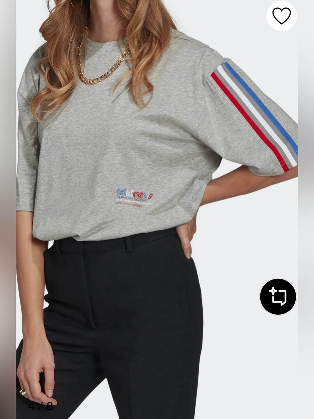 adidas Grey Tee with Red, Blue & White Sleeve Stripes